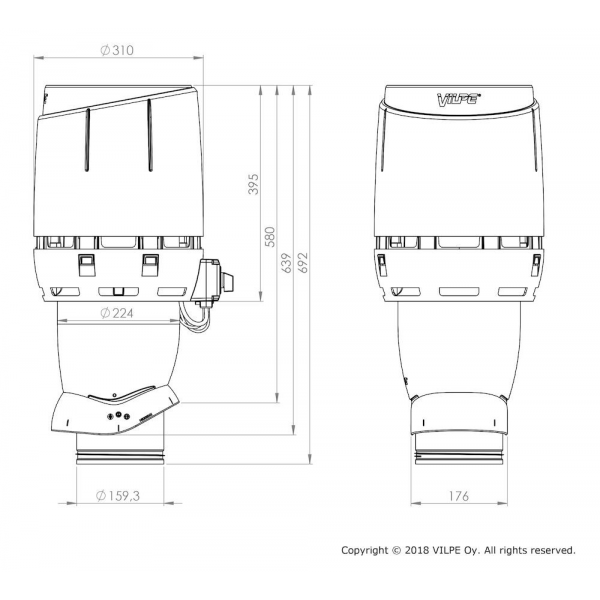 Vilpe ECo160P/500 FLOW TAKFLÄKT BRUN - Ritning