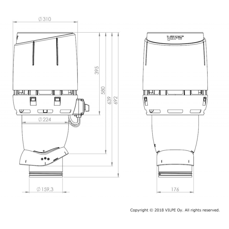 Vilpe ECo160P/500 FLOW TAKFLÄKT GRÅ - Ritning